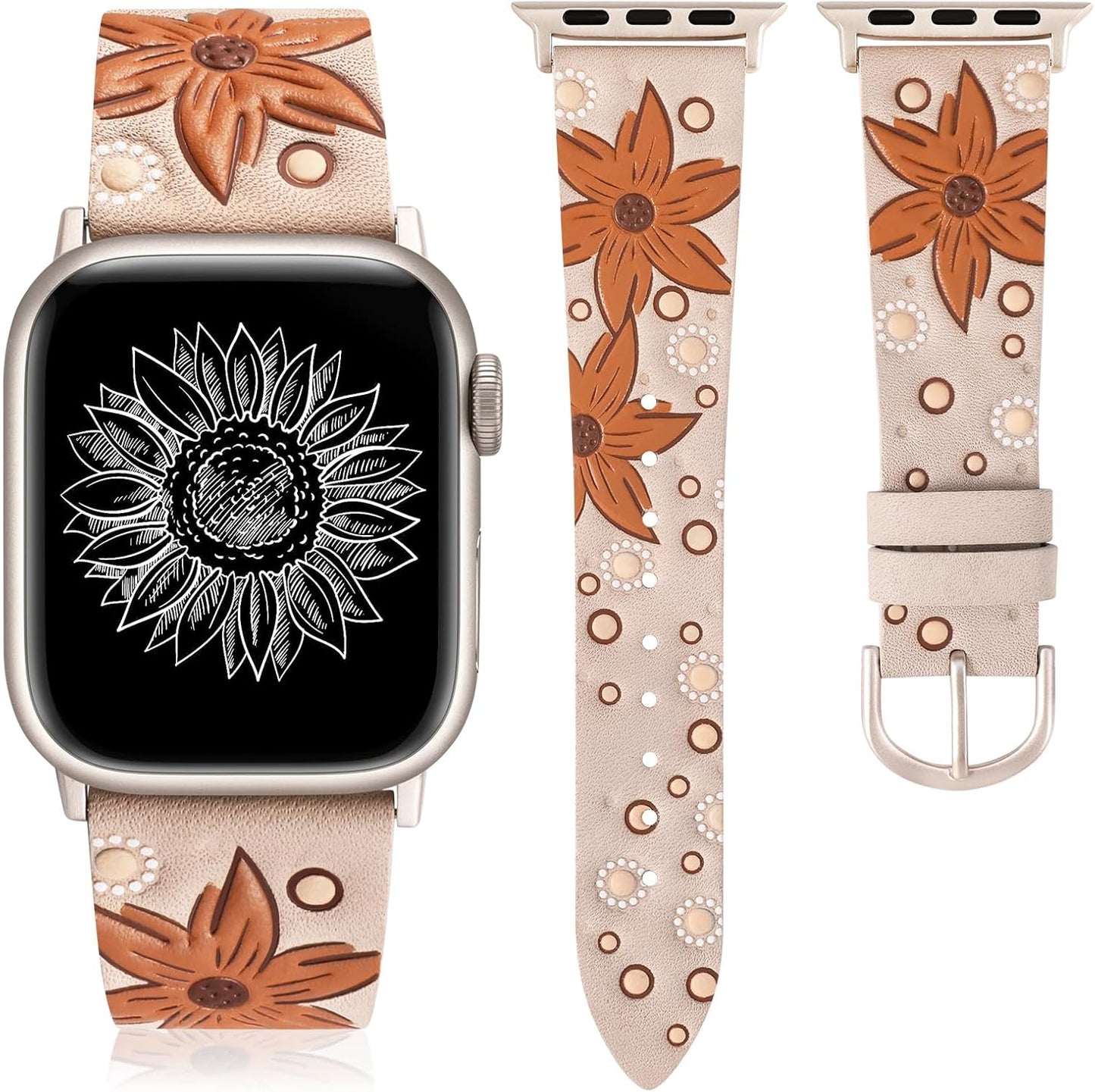 TOYOUTHS Leather Band Compatible with Apple Watch Strap Women 38/40/41/42mm Fancy Western Embossed Sunflower Floral Bracelet Wristband for iWatch Bands Series 10 9 8 7 6 5 4 3 2 1 SE