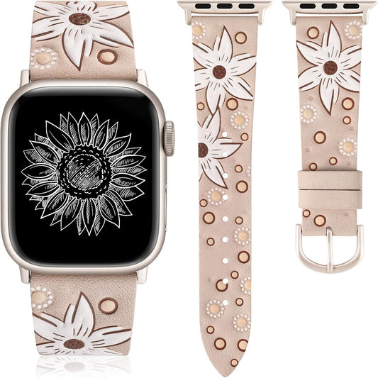 TOYOUTHS Leather Band Compatible with Apple Watch Strap Women 38/40/41/42mm Fancy Western Embossed Sunflower Floral Bracelet Wristband for iWatch Bands Series 10 9 8 7 6 5 4 3 2 1 SE