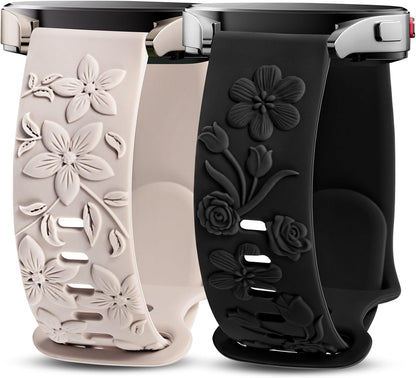 TOYOUTHS 2 Pack Rose Floral Engraved Bands Compatible with Samsung Galaxy Watch 7/6/5/4 Band 40mm 44mm, Women 20mm Silicone Dressy Embossed Flower Strap for Active 2/Watch 5 Pro/Watch FE