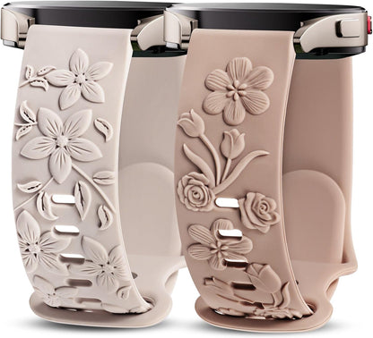 TOYOUTHS 2 Pack Rose Floral Engraved Bands Compatible with Samsung Galaxy Watch 7/6/5/4 Band 40mm 44mm, Women 20mm Silicone Dressy Embossed Flower Strap for Active 2/Watch 5 Pro/Watch FE