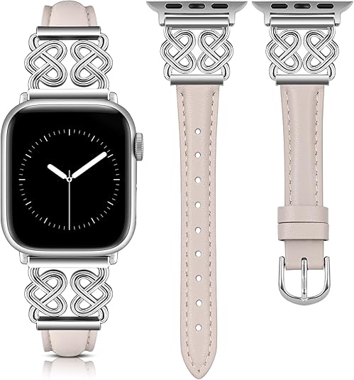 TOYOUTHS Leather Band Compatible with Apple Watch Bands Women 38/40/41/42/44/45/46/49mm Dressy Slim Leather Strap with Designer Heart Knot Buckle for iWatch Series 10/9/Ultra/SE/8/7/6/5/SE/4/3/2/1