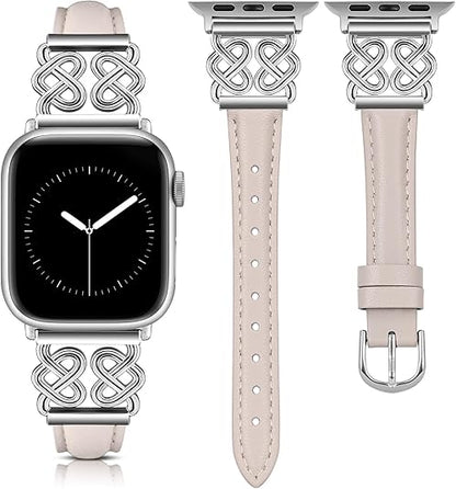 TOYOUTHS Leather Band Compatible with Apple Watch Bands Women 38/40/41/42/44/45/46/49mm Dressy Slim Leather Strap with Designer Heart Knot Buckle for iWatch Series 10/9/Ultra/SE/8/7/6/5/SE/4/3/2/1
