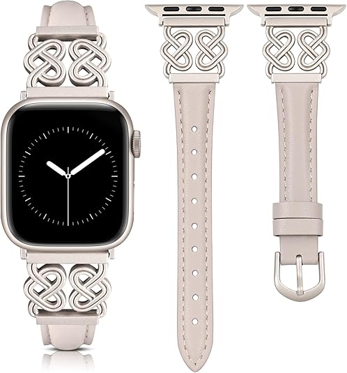 TOYOUTHS Leather Band Compatible with Apple Watch Bands Women 38/40/41/42/44/45/46/49mm Dressy Slim Leather Strap with Designer Heart Knot Buckle for iWatch Series 10/9/Ultra/SE/8/7/6/5/SE/4/3/2/1