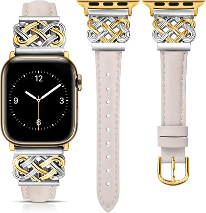 TOYOUTHS Leather Band Compatible with Apple Watch Bands 38/40/41/42/44/45/49mm Women, Slim Leather Strap with Designer Dressy Interlock Buckle for iWatch Series 9/8/7/6/5/SE/4/3/2/1 Ultra/Ultra 2