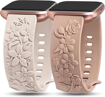 TOYOUTHS 2 Pack Compatible with Fitbit Versa 2/Versa Lite/Versa Watch Bands for Women Floral Engraved Soft Silicone Dressy Embossed Flower Strap Replacement Versa 2 Special Edition Bracelet Wristband