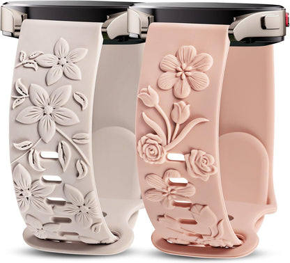 TOYOUTHS 2 Pack Rose Floral Engraved Bands Compatible with Samsung Galaxy Watch 7/6/5/4 Band 40mm 44mm, Women 20mm Silicone Dressy Embossed Flower Strap for Active 2/Watch 5 Pro/Watch FE