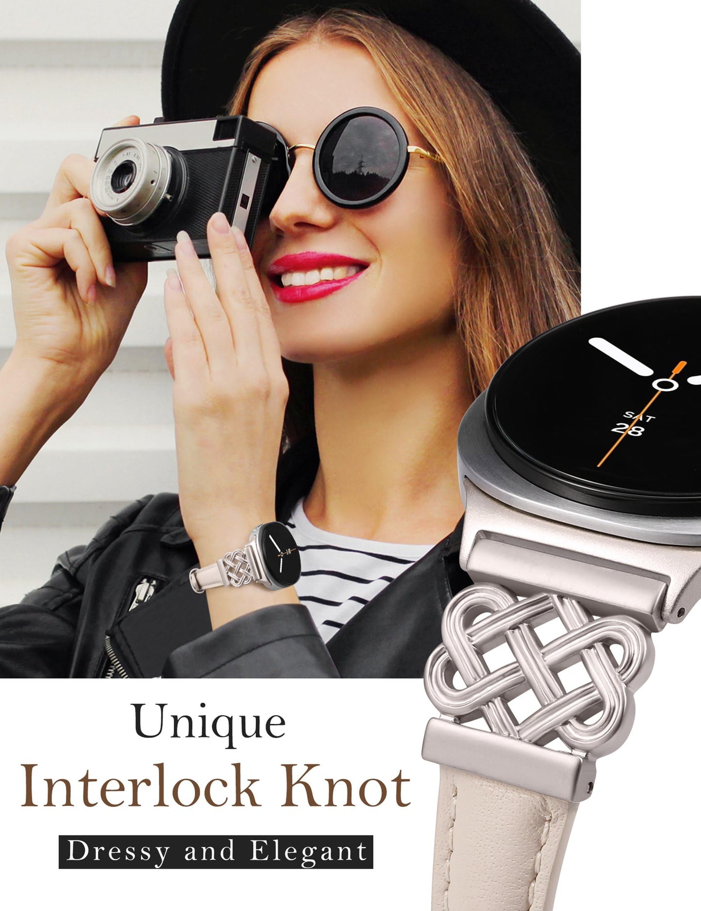 TOYOUTHS Celtic Knot Leather Band Compatible with Samsung Galaxy Watch 8 40mm 44mm/Watch 8 Classic 46mm Bands Women, No Gap One Click Slim Dressy Leather Strap with Designer Interlock Buckle