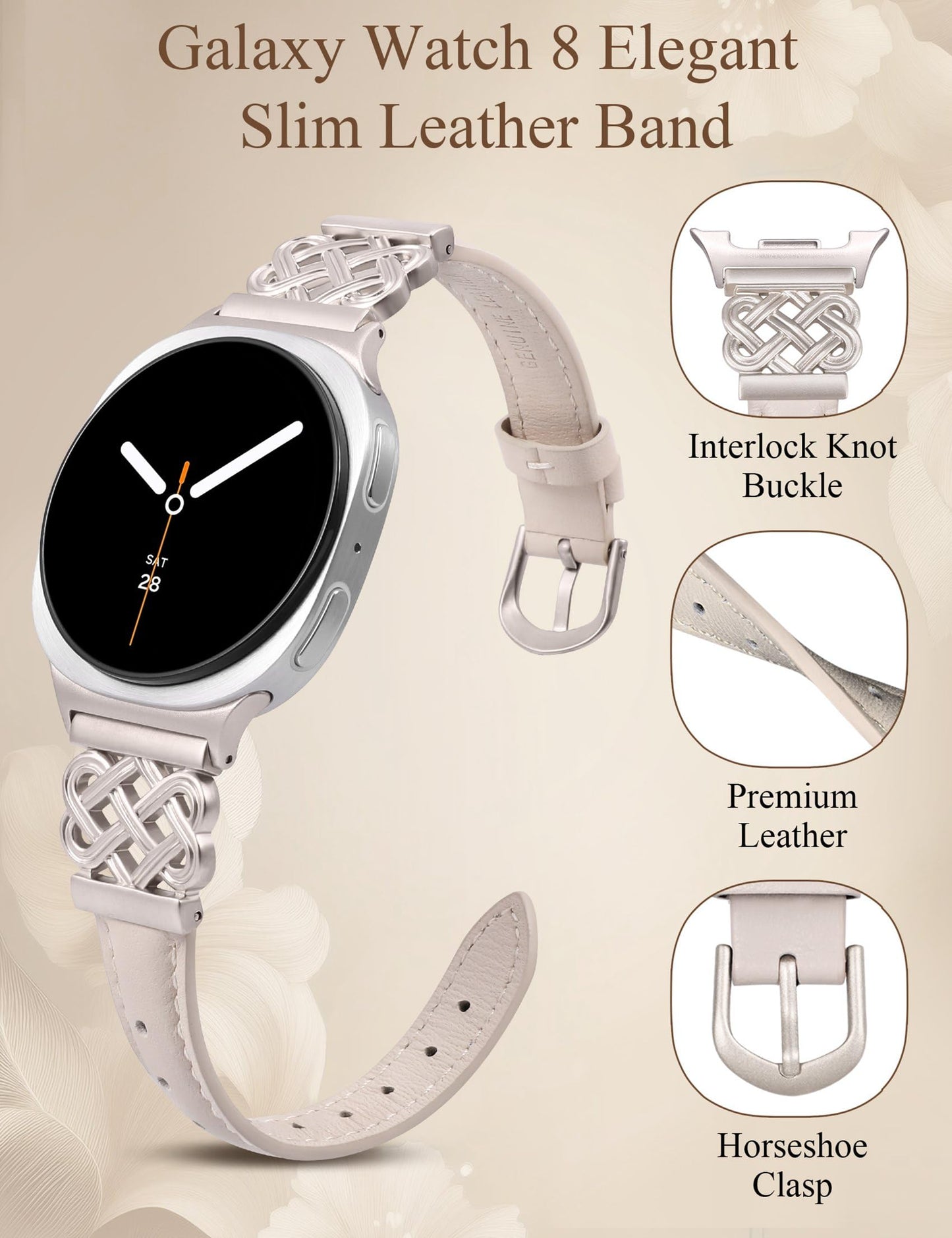 TOYOUTHS Celtic Knot Leather Band Compatible with Samsung Galaxy Watch 8 40mm 44mm/Watch 8 Classic 46mm Bands Women, No Gap One Click Slim Dressy Leather Strap with Designer Interlock Buckle