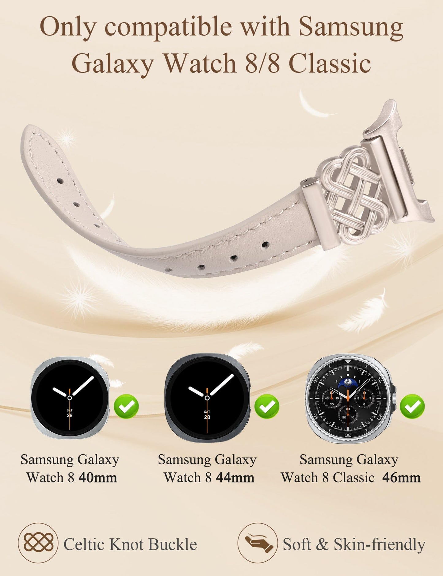 TOYOUTHS Celtic Knot Leather Band Compatible with Samsung Galaxy Watch 8 40mm 44mm/Watch 8 Classic 46mm Bands Women, No Gap One Click Slim Dressy Leather Strap with Designer Interlock Buckle