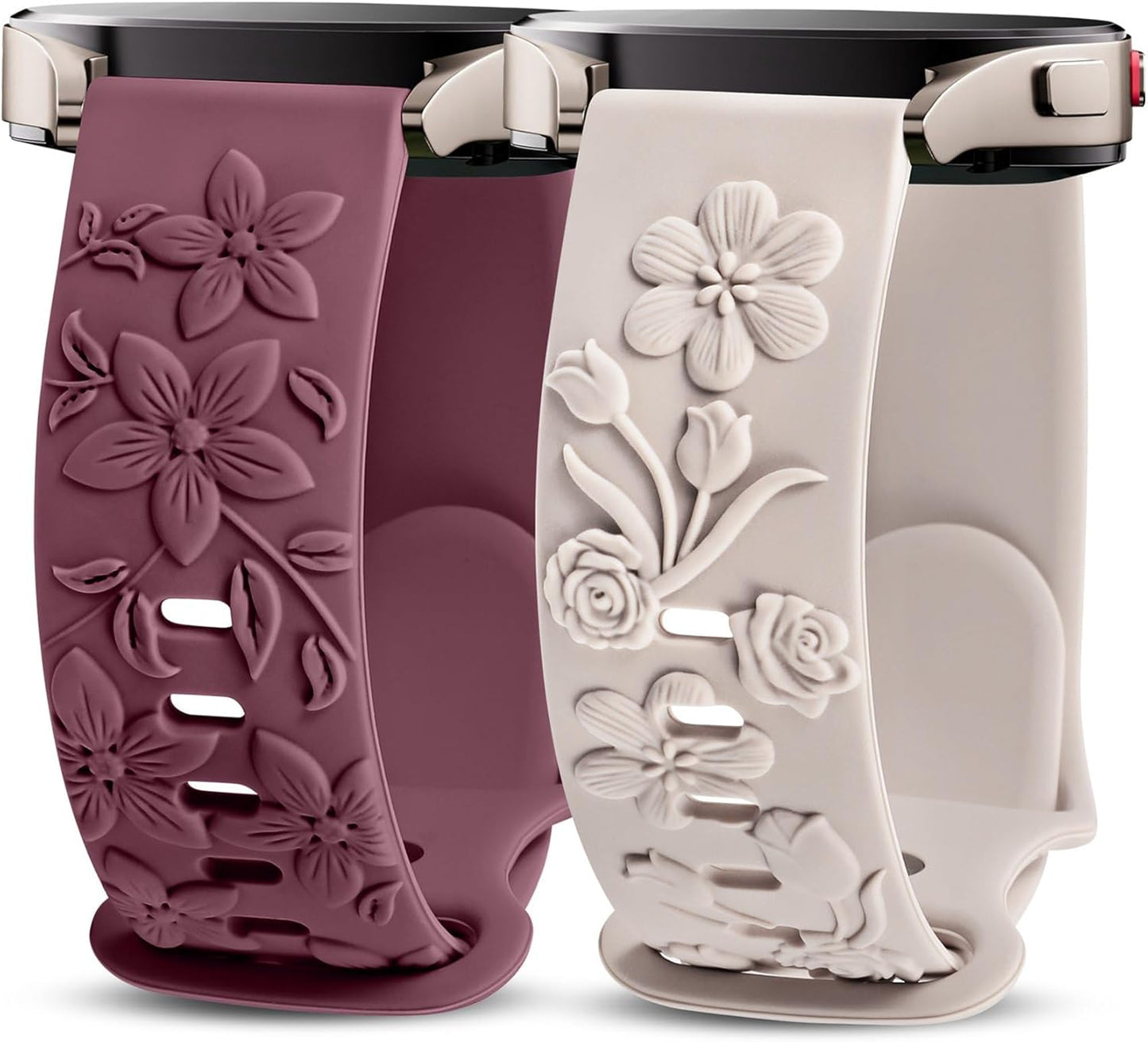 TOYOUTHS 2 Pack Rose Floral Engraved Bands Compatible with Samsung Galaxy Watch 7/6/5/4 Band 40mm 44mm, Women 20mm Silicone Dressy Embossed Flower Strap for Active 2/Watch 5 Pro/Watch FE