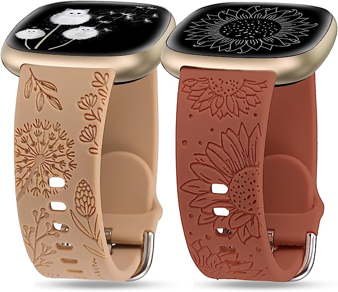 TOYOUTHS 2 Packs Compatible with Fitbit Sense Bands/Sense 2 Band/Versa 3 Band/Versa 4 Band Women Floral Engraved Silicone Strap Dressy Sunflower Dandelion Pattern Sport Bracelet, Starlight+Brown