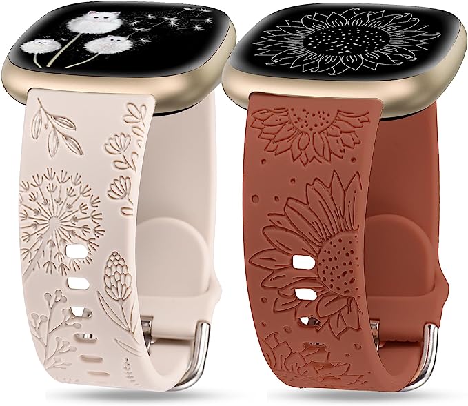 TOYOUTHS 2 Packs Compatible with Fitbit Sense Bands/Sense 2 Band/Versa 3 Band/Versa 4 Band Women Floral Engraved Silicone Strap Dressy Sunflower Dandelion Pattern Sport Bracelet, Starlight+Brown