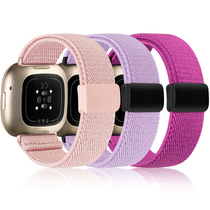 TOYOUTHS 3 Pack Magnetic Stretchy Band Compatible with Fitbit Versa 4/Fitbit Versa 3/Sense 2/Sense, Soft Elastic Bracelet Nylon Braided Sport Loop Strap for Women Men