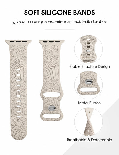 TOYOUTHS Boho Engraved Band Compatible with Apple Watch Band 41mm 40mm 38mm 49mm 45mm 44mm 42mm Women Men, Silicone Sport Fancy Charms Designer Dressy Strap for iWatch Series 8/SE/Ultra/7/6/5/4/3/2/1