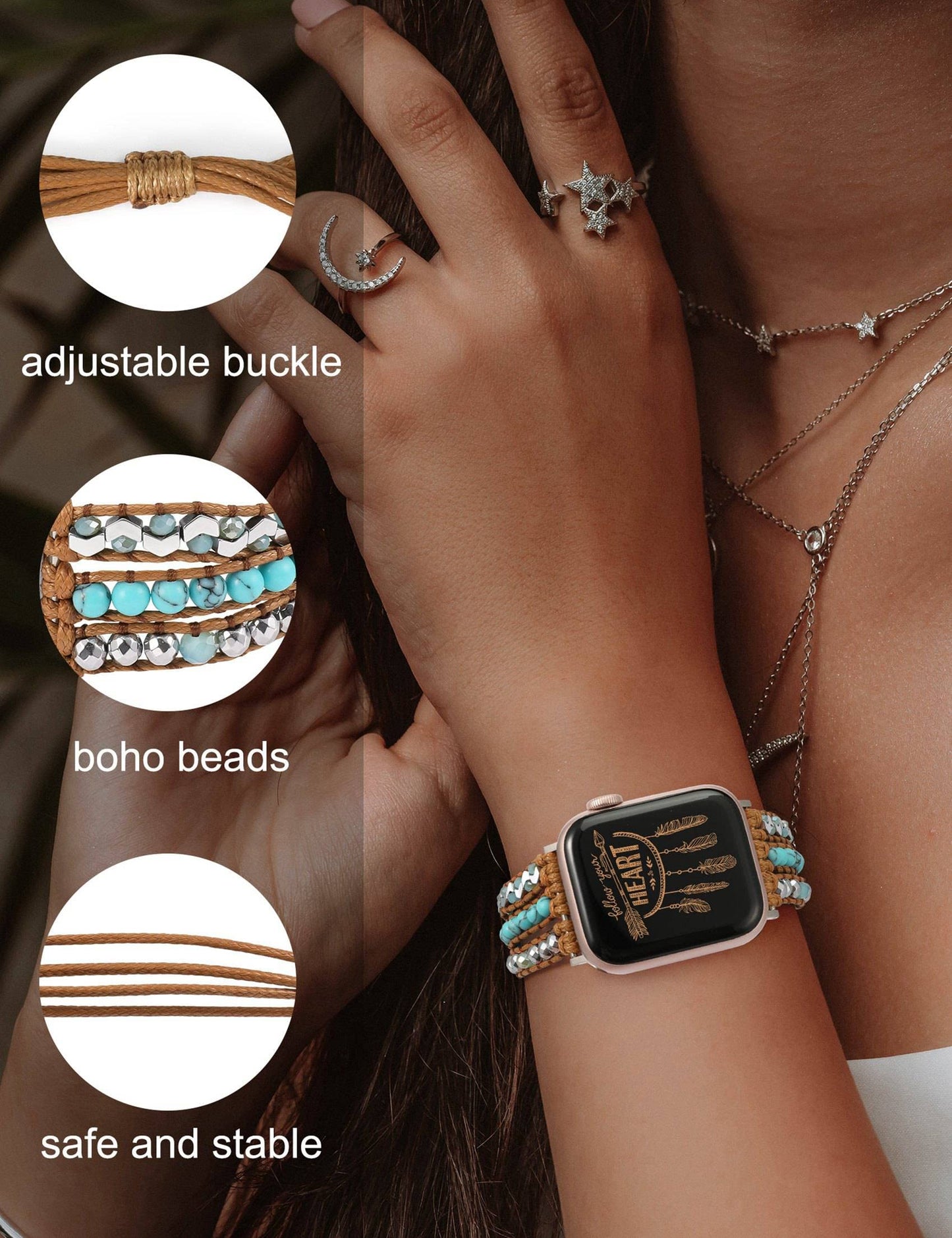 TOYOUTHS Compatible With Apple Watch Band 38mm 40mm 41mm, Women Charm Retro Boho Natural Bead Adjustable Wrap Bracelet Replacement Bands for iwatch Series 8 7 SE 6 5 4 3 2 1