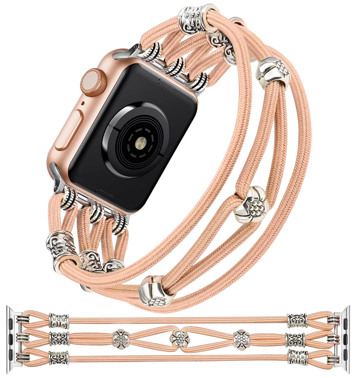 TOYOUTHS Beaded Bracelet Compatible with Apple Watch Band 41mm 40mm 38mm 49mm 45mm 44mm 42mm Women, Premium Braided Nylon Elastic Stretchy Boho Fancy Charms Dressy Strap for iWatch Series 8/SE/Ultra/7/6/5/4/3