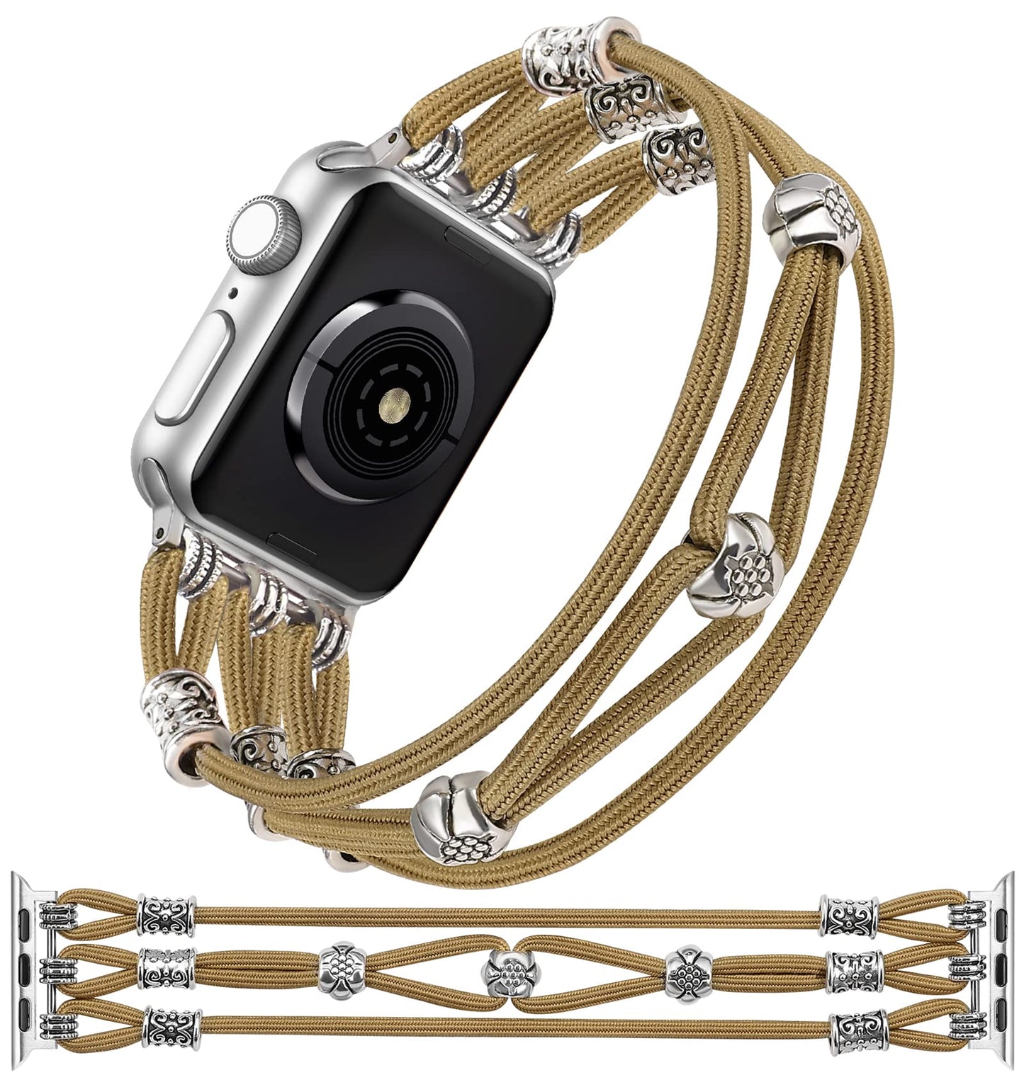 TOYOUTHS Beaded Bracelet Compatible with Apple Watch Band 41mm 40mm 38mm 49mm 45mm 44mm 42mm Women, Premium Braided Nylon Elastic Stretchy Boho Fancy Charms Dressy Strap for iWatch Series 8/SE/Ultra/7/6/5/4/3