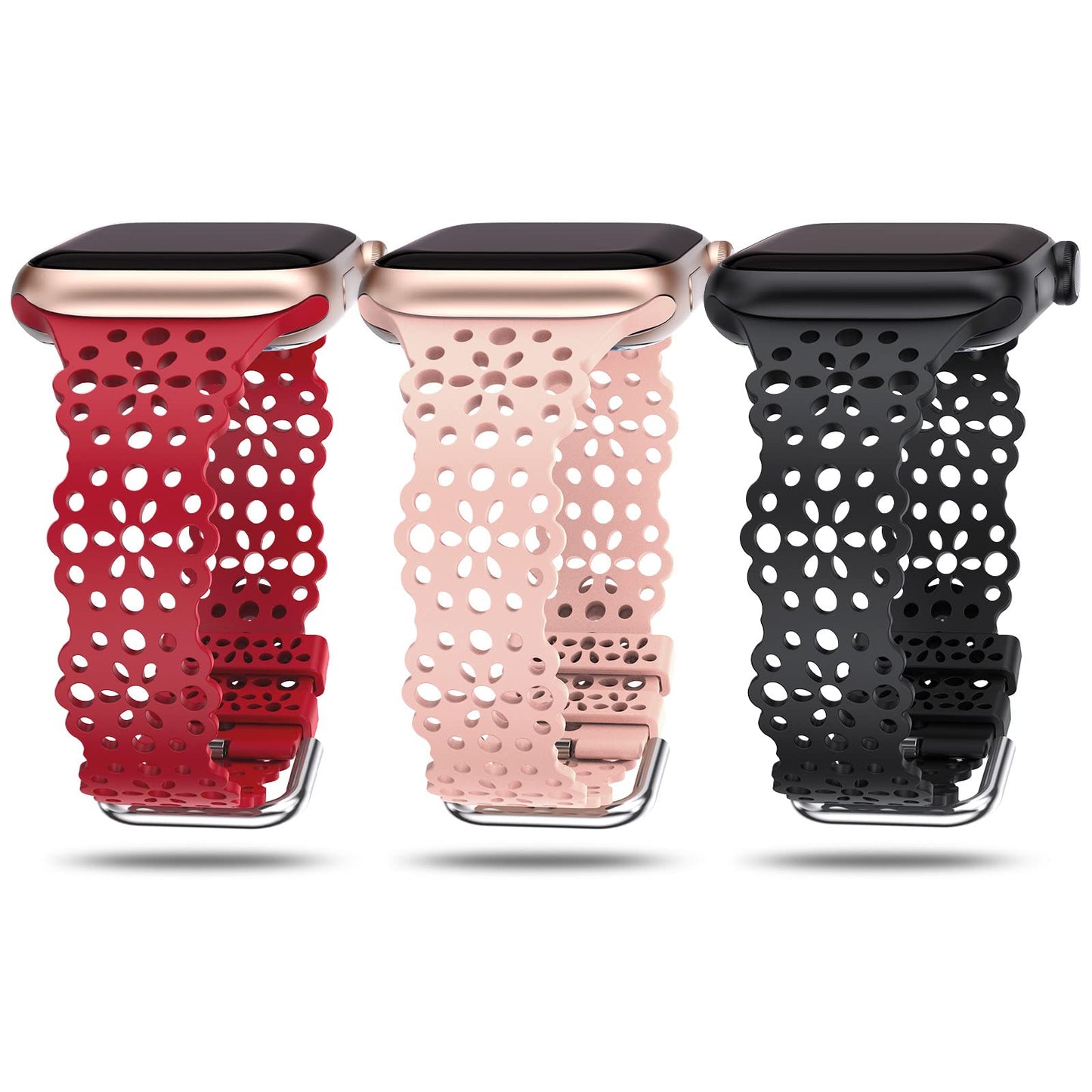 TOYOUTHS Compatible with Apple Watch Band Women 41mm 40mm 38mm Soft Stretchy Silicone Lace Flower Cut-outs Scalloped Breathable Waterproof Lacy Band for iWatch Series 8 7 6 5 4 3 2 1 SE