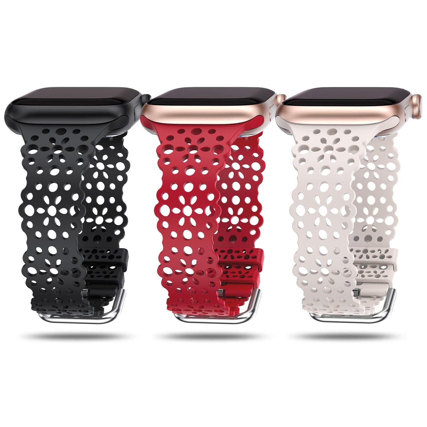 TOYOUTHS Compatible with Apple Watch Band Women 41mm 40mm 38mm Soft Stretchy Silicone Lace Flower Cut-outs Scalloped Breathable Waterproof Lacy Band for iWatch Series 8 7 6 5 4 3 2 1 SE