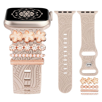 TOYOUTHS Decorative Ring Loops Compatible with Apple Watch Band Charms 41mm 40mm 38mm 42mm 44mm 45mm 49mm Women, Boho Engraved Fancy Jewelry Accessories Silicone Band for iWatch Series 8 SE Ultra 7 6 5 4 3 2