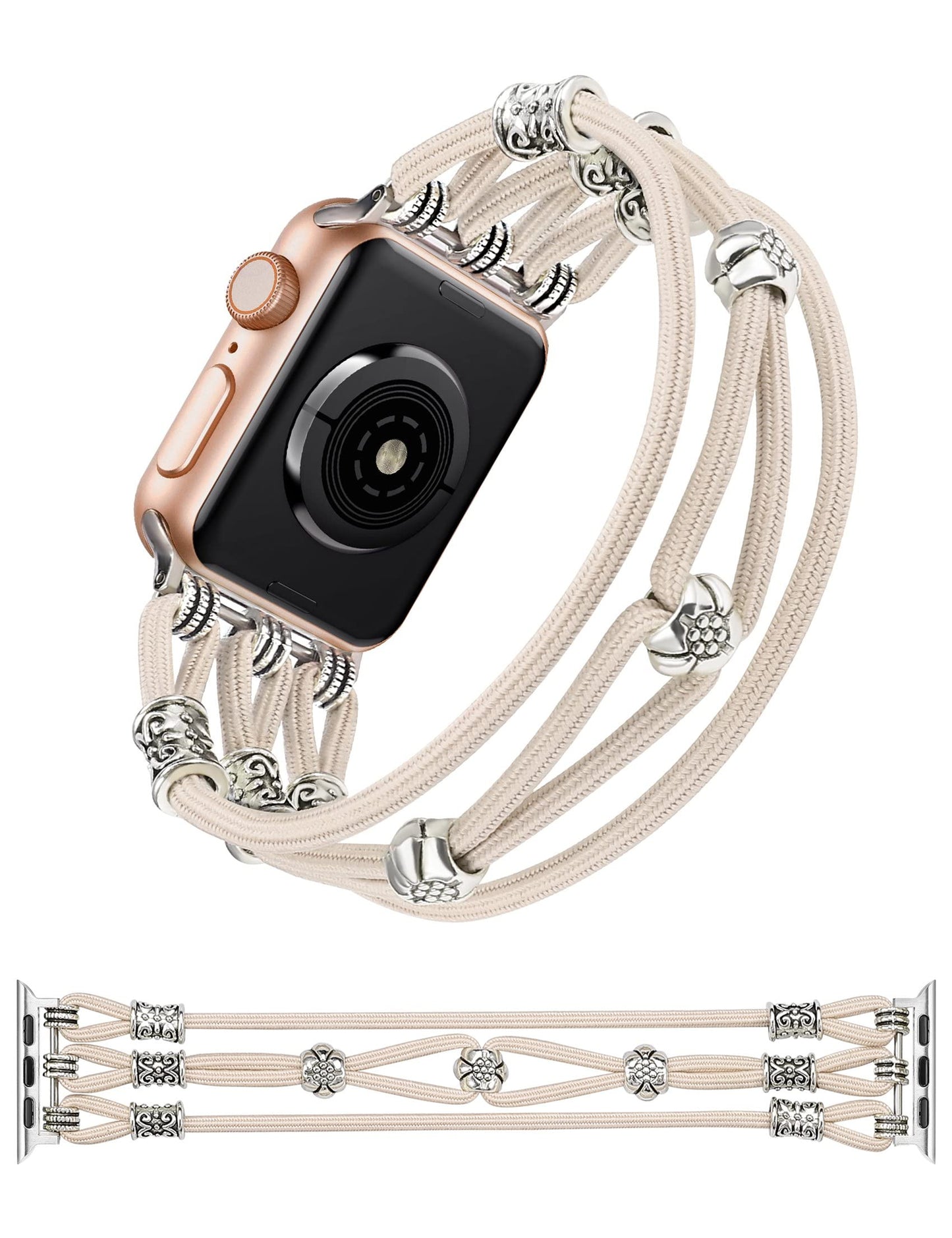 TOYOUTHS Beaded Bracelet Compatible with Apple Watch Band 41mm 40mm 38mm 49mm 45mm 44mm 42mm Women, Premium Braided Nylon Elastic Stretchy Boho Fancy Charms Dressy Strap for iWatch Series 8/SE/Ultra/7/6/5/4/3