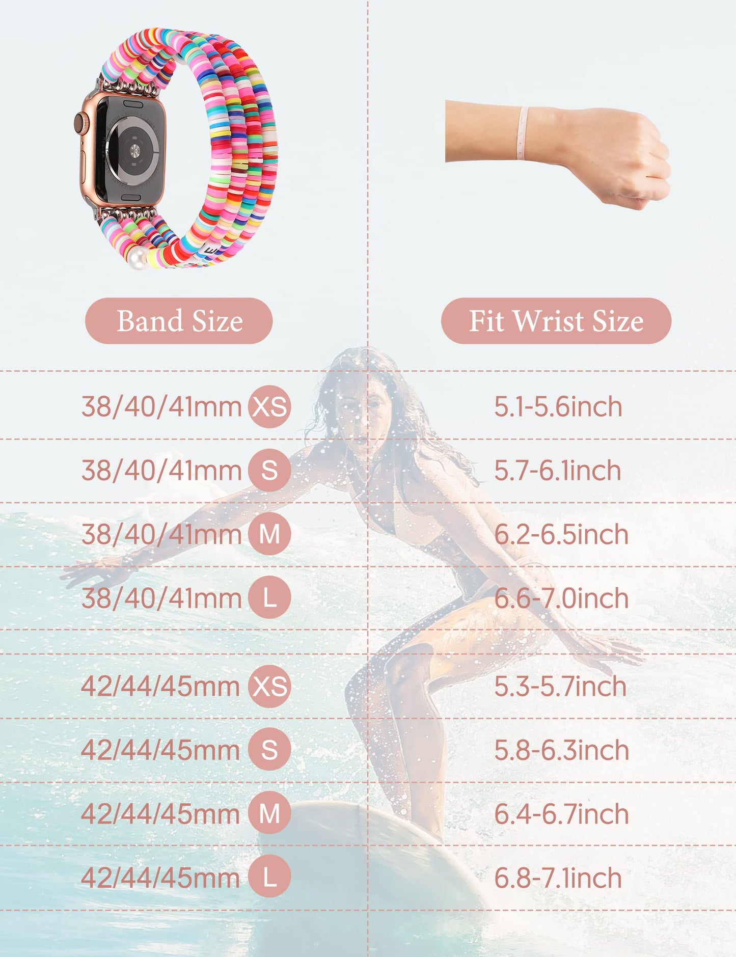 TOYOUTHS Heishi Beads Bracelet Compatible with Apple Watch Band Cute Stretch Girl Women Summer Beach Surfer Stackable Clay Preppy Jewelry Band for Iwatch 42/44/45mm Series SE 7 6 5 4 3 2 1